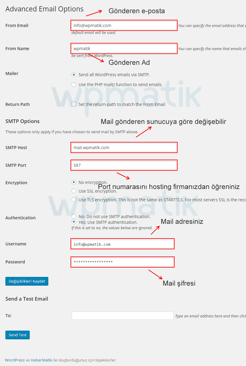 RE: wordpress mail göndermiyor